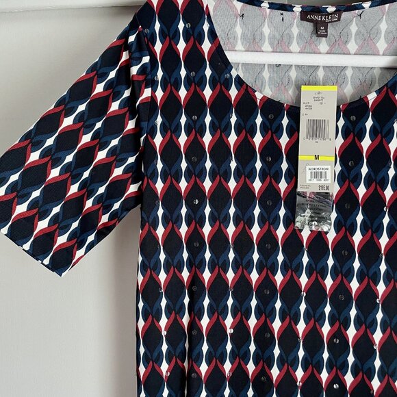 Anne Klein New York Silk Print Short Sleeve Stretch Top Size M Red Blue Sequins - Picture 12 of 15